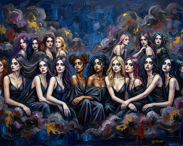 Oil Painting of Diverse Women in Eerie Atmosphere