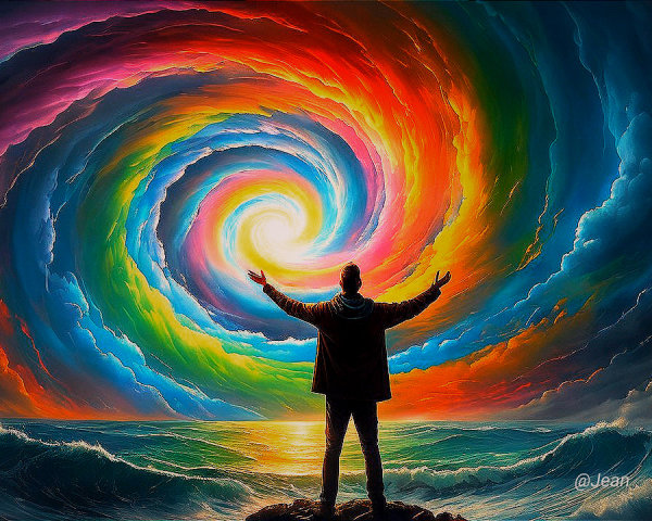 Vibrant Colors and Figure on Rocky Shoreline