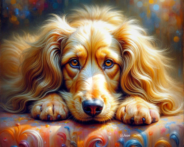 Fluffy golden dog resting on a colorful surface