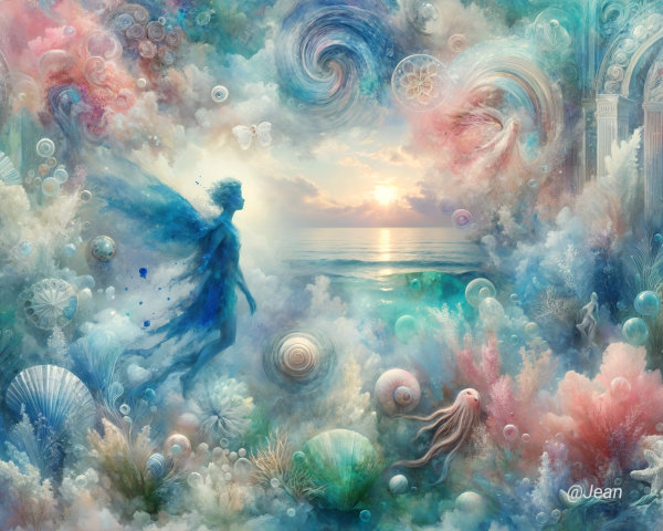 Whimsical Ocean Scene with Ethereal Colors and Wings