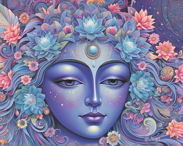 Ethereal Face with Floral Patterns in Cosmic Scene