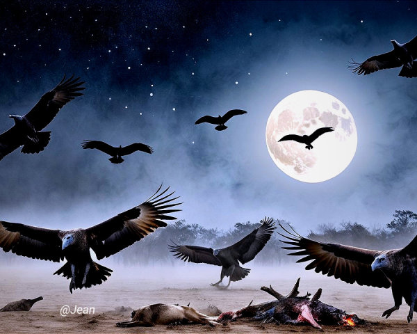 Moonlit Landscape with Vultures and Carcass Remains