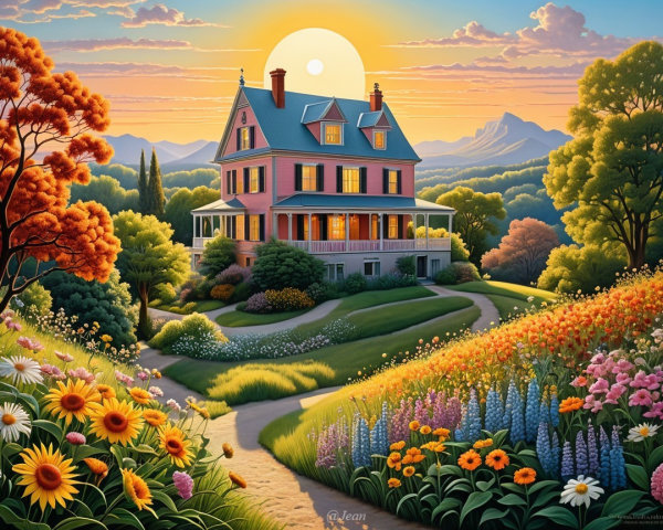 Charming Pink House Amidst Colorful Gardens and Mountains