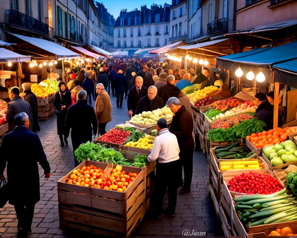 Open-Air Market at Dusk with Colorful Stalls