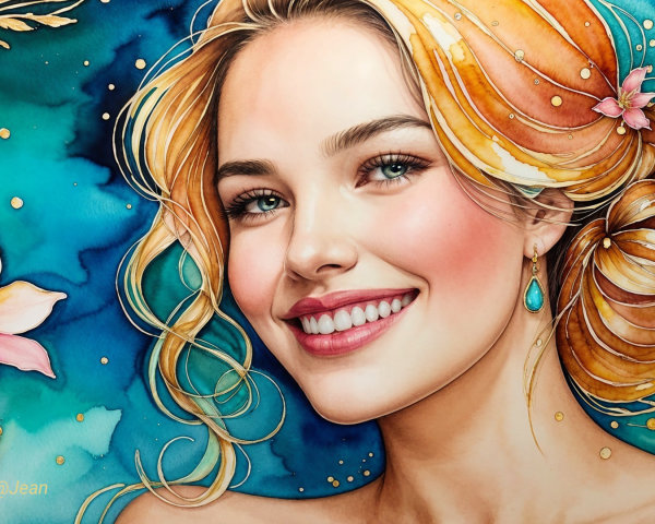 Vibrant Watercolor Portrait of a Woman with Flowers