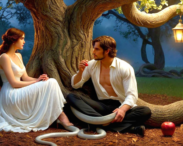 Mystical forest scene with woman, man, and snake