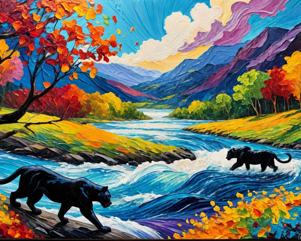 Vibrant landscape with panthers and autumn colors