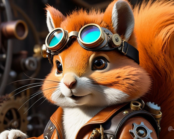 Anthropomorphic squirrel in steampunk attire and setting