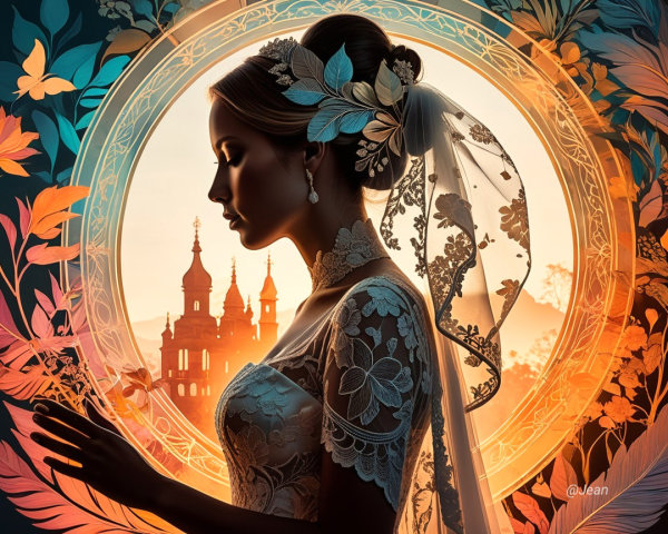 Bride Silhouette Against Sunset with Floral Designs