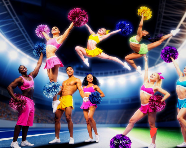 Cheerleading Squad Performs Dynamic Routine in Stadium