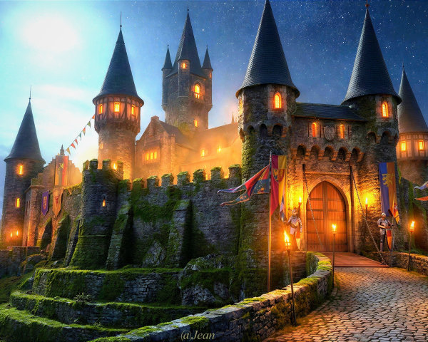 Illuminated Medieval Castle at Night with Knights