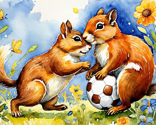 Stylized squirrels in a vibrant watercolor scene