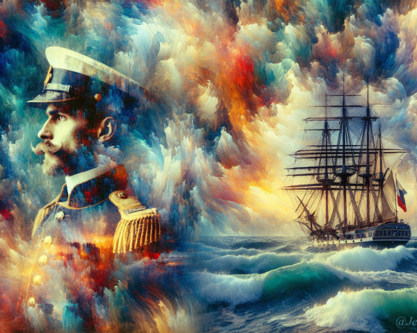 Vibrant Clouds and Naval Officer with Sailing Ship