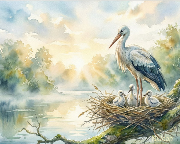 Watercolor of Mother Stork and Three Baby Storks