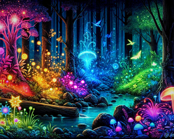 Vibrant Mystical Forest with Bioluminescent Flora