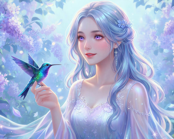 Anime girl in pale blue dress in lilac garden