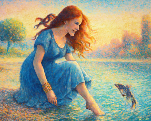 Pointillistic painting of a young woman by water