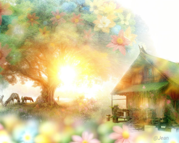Serene landscape with blooming tree and cottage
