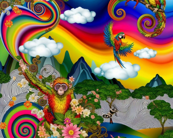 Psychedelic Scene with Monkeys and Colorful Parrots