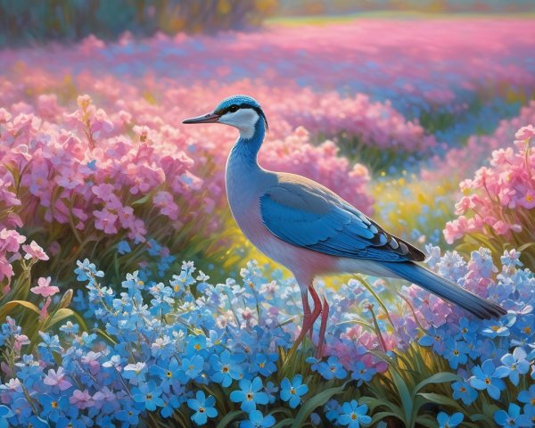 Delicate Bird in Lush Meadow with Colorful Flowers