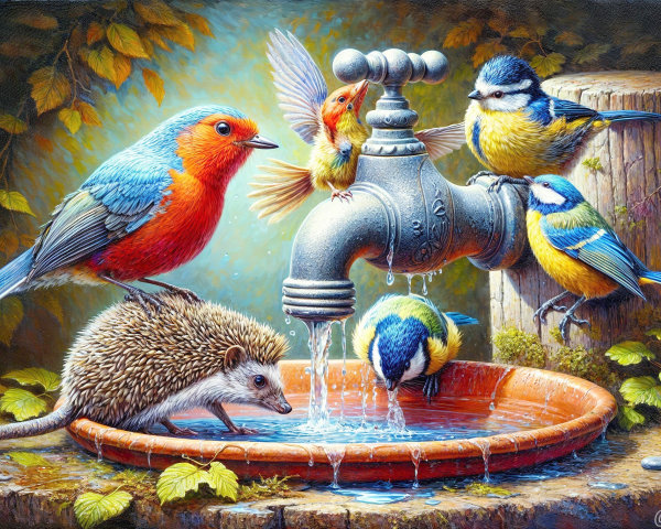 Colorful Birds and Hedgehog by Vintage Water Tap