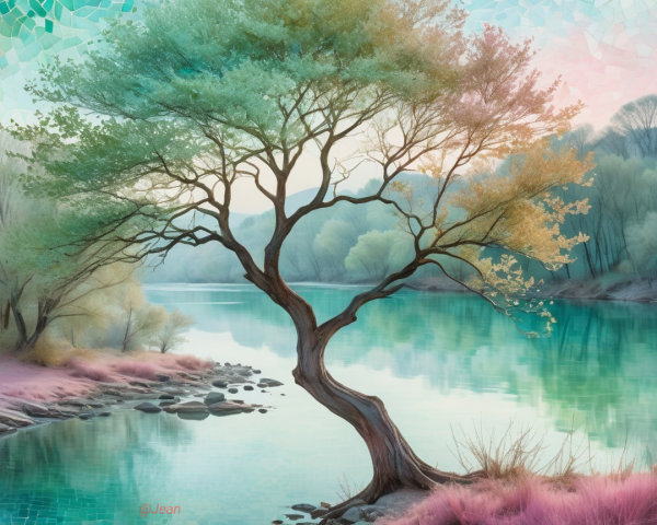 Serene Landscape with Colorful Tree and Calm River