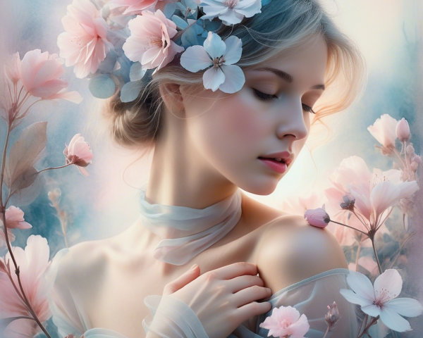 Serene Young Woman Surrounded by Pink Blossoms