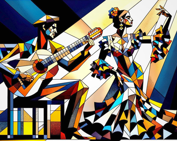 Abstract Representation of Guitarist and Flamenco Dancer