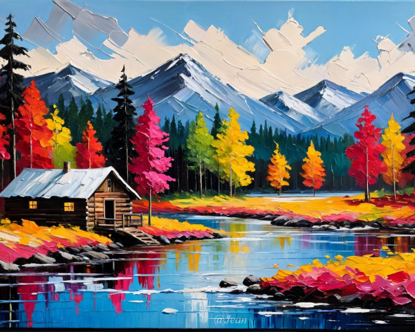 Vibrant Landscape with Cabin by Serene River and Mountains
