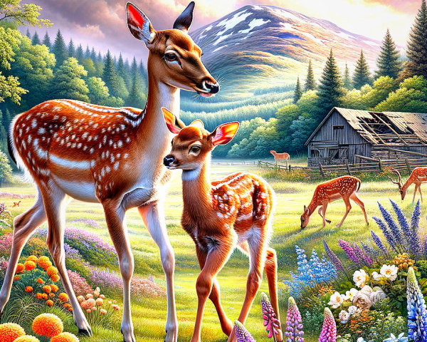 Serene Landscape with Doe, Fawn, and Wildflowers