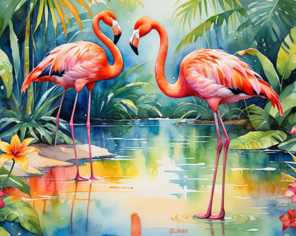 Vibrant Watercolor of Flamingos in Tropical Setting