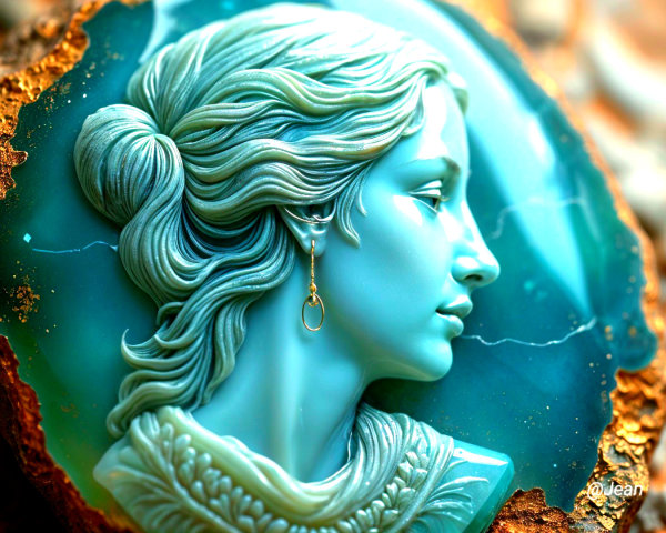 Carved Stone Cameo of Woman in Blue and Teal