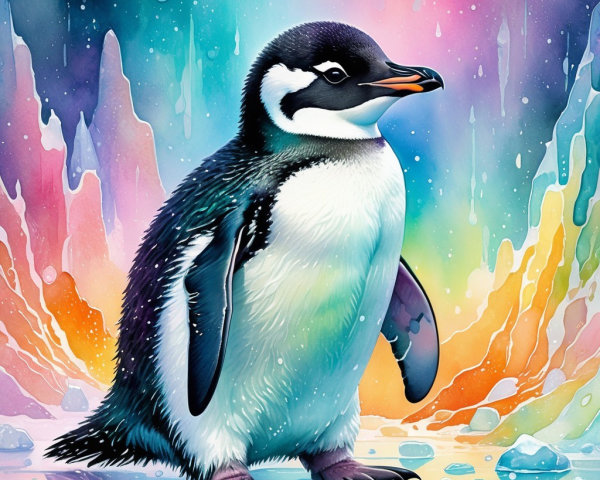 Colorful Illustration of a Penguin in Abstract Background