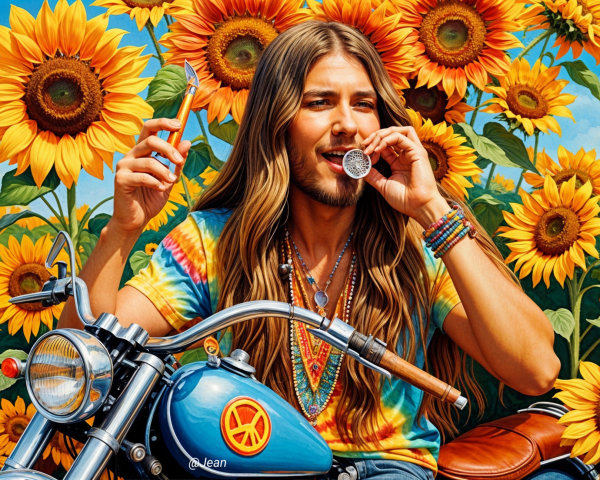 Young man on vintage motorcycle with sunflowers