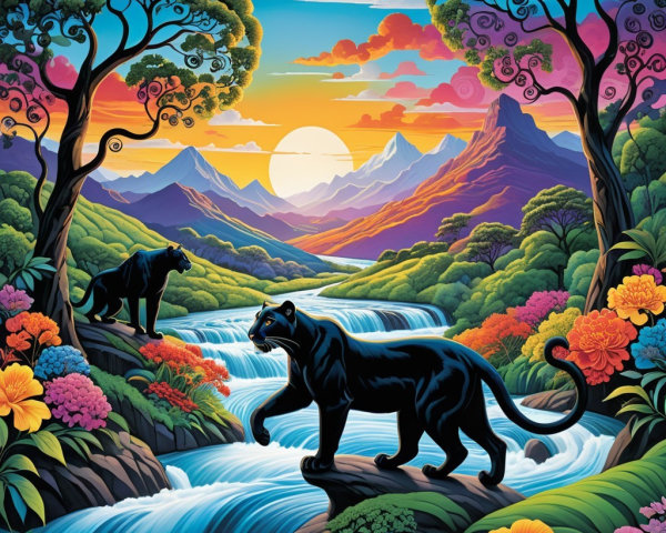 Black Panthers by Waterfall in Vibrant Landscape