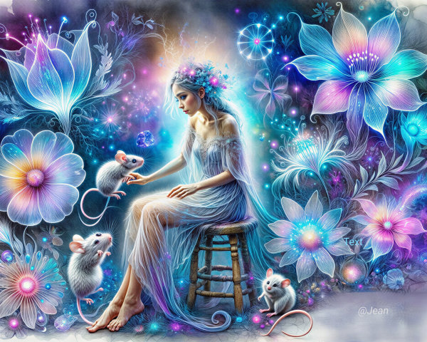 Mystical Scene with Serene Figure and Playful Mice