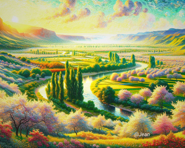 Vibrant Landscape with River and Cherry Blossoms