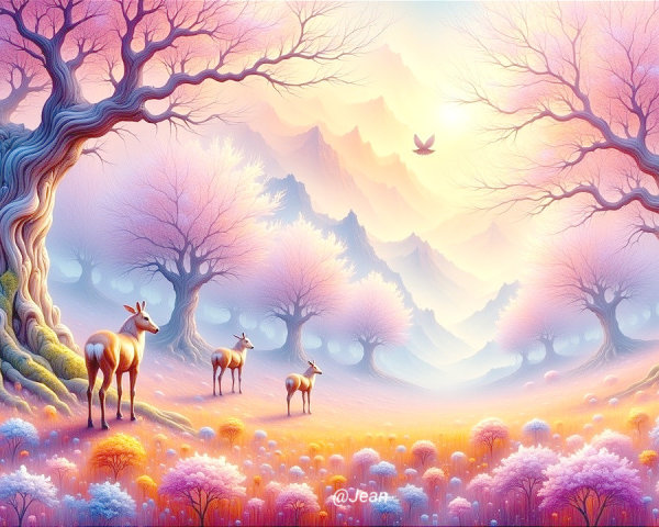 Whimsical Pastel Landscape with Deer and Blossoms