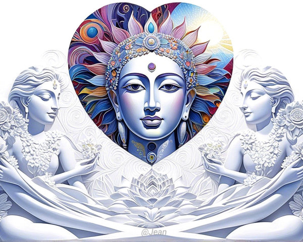Serene Face Surrounded by Floral Patterns and Sculptures