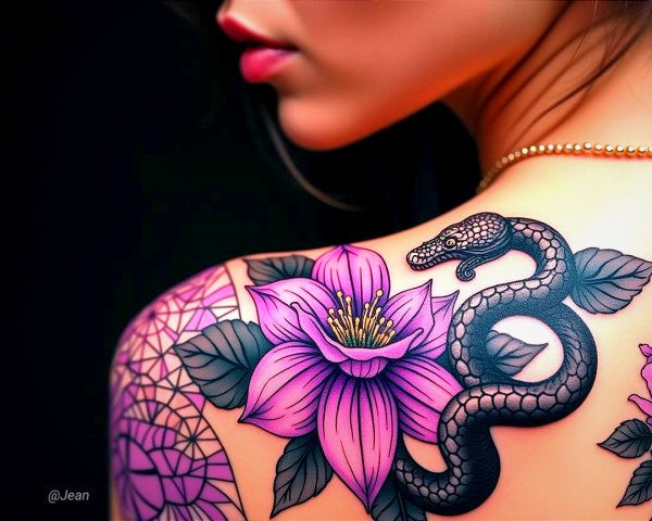 Tattoo Design of Snake and Purple Flowers on Shoulder