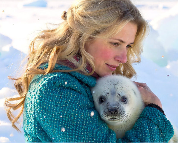 Portrait of a woman with a baby harp seal in snow