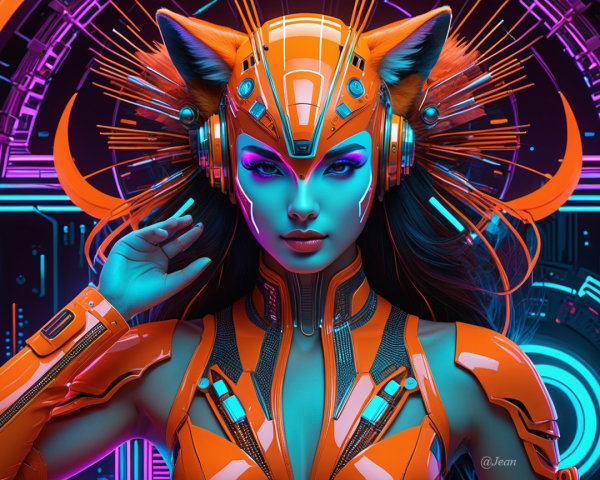 Futuristic Character with Blue Skin and High-Tech Background