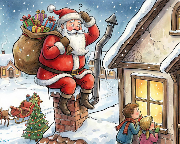 Whimsical Christmas Scene with Santa on Chimney