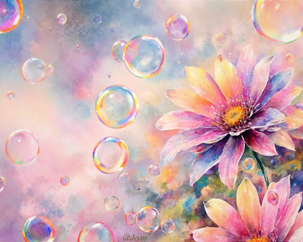Vibrant Floral Composition with Pastel Bubbles
