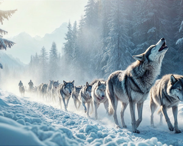 Wolves in Snowy Landscape with Horseback Silhouette
