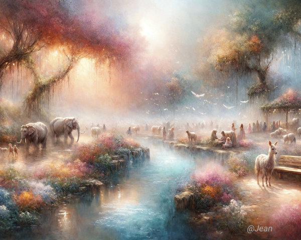 Serene Dreamlike Landscape with Elephants and Deer