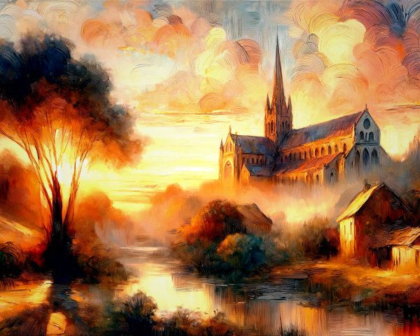 Serene Sunset Landscape with Church and River Reflection