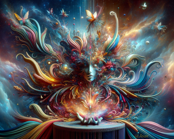 Surreal Artwork with Serene Figure and Cosmic Elements