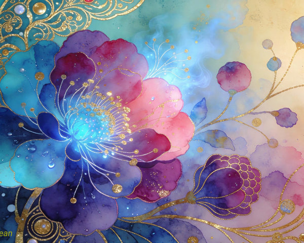 Vibrant Watercolor Flowers with Golden Accents