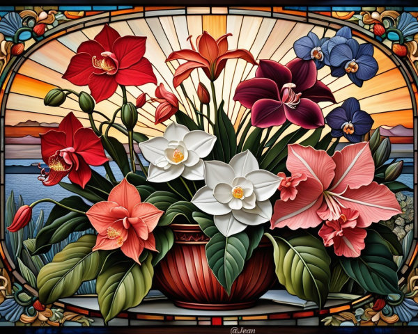 Vibrant Stained Glass Floral Arrangement with Orchids